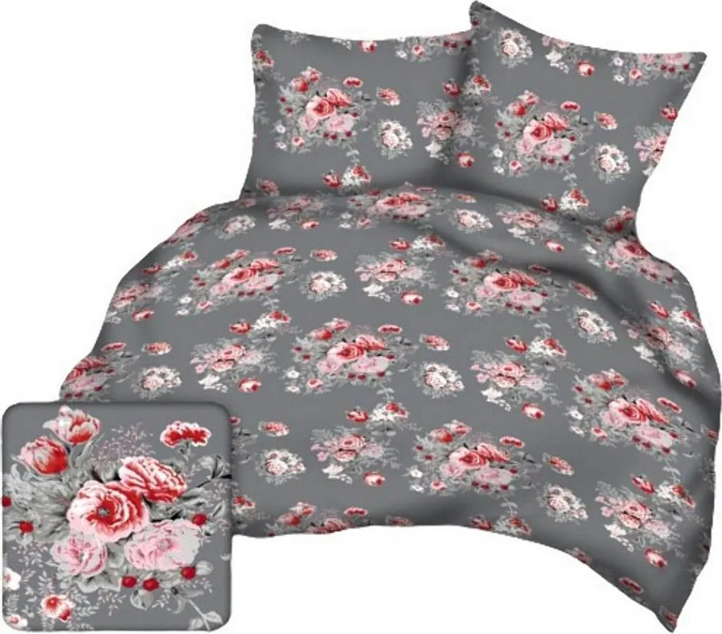 Ensemble lit 160x200 KARO pour chambre moderne gris et fleurs rouges