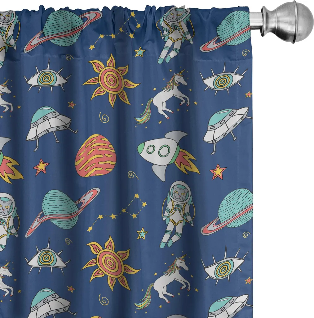 ABAKUHAUS Tende spaziali, tende, stampa con unicorno lungo pianeti UFO astronauta costellazione stelle sistema solare, 2 pezzi 75 x 175 cm, multicolore
