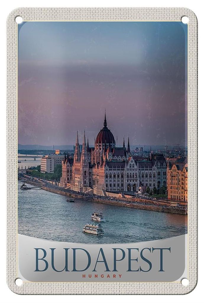 Blechschild Reise 12x18cm Aussicht auf Budapest Kirche Ungarn Schild