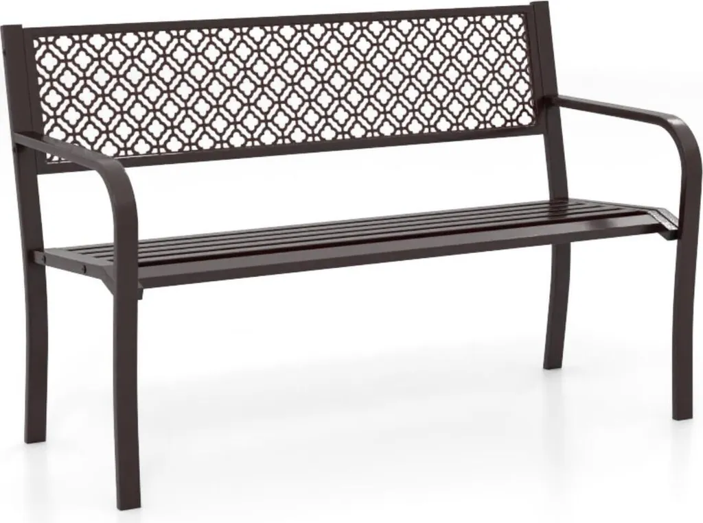 Panca da giardino COSTWAY, panca per 2 persone, panca da balcone con schienale e braccioli, panca in ferro, caricabile fino a 360 kg, 127x59x82 cm, marrone