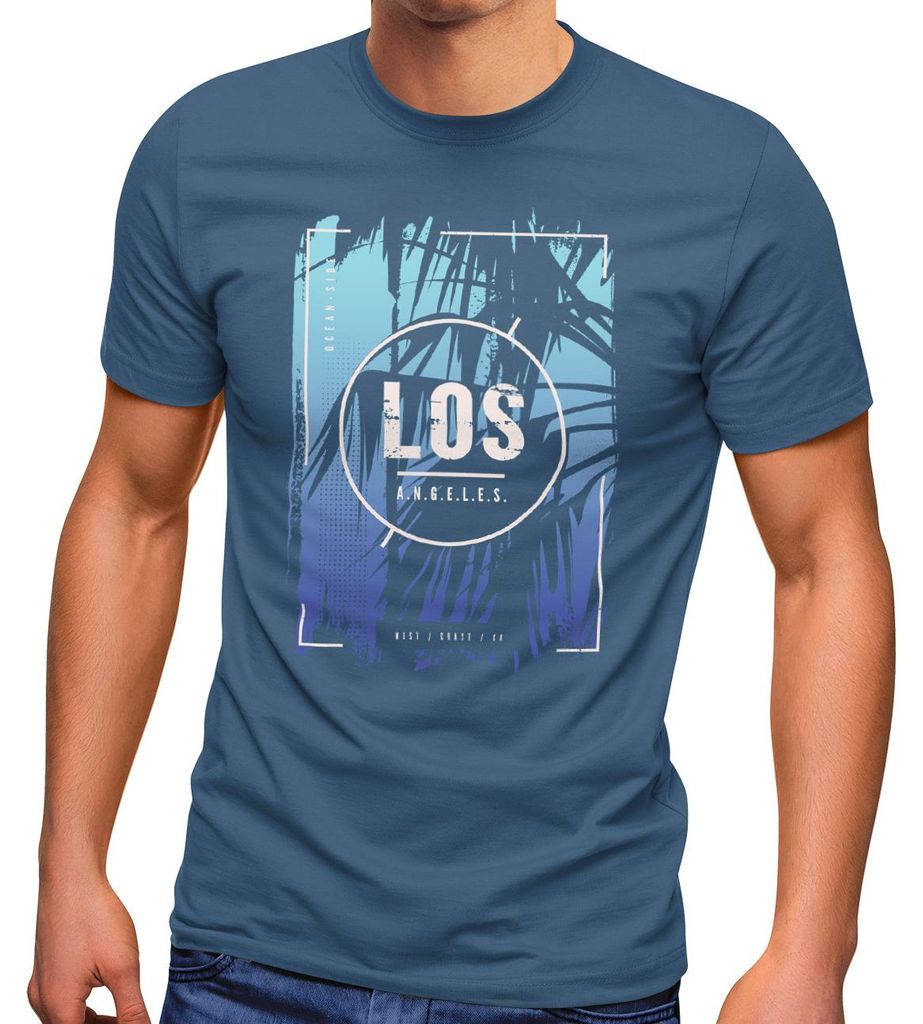Herren T-Shirt Los Angeles Retro 80er Style Palmen USA Amerika Sunset Boulevard Fashion Streetstyle Neverless denim-blau L