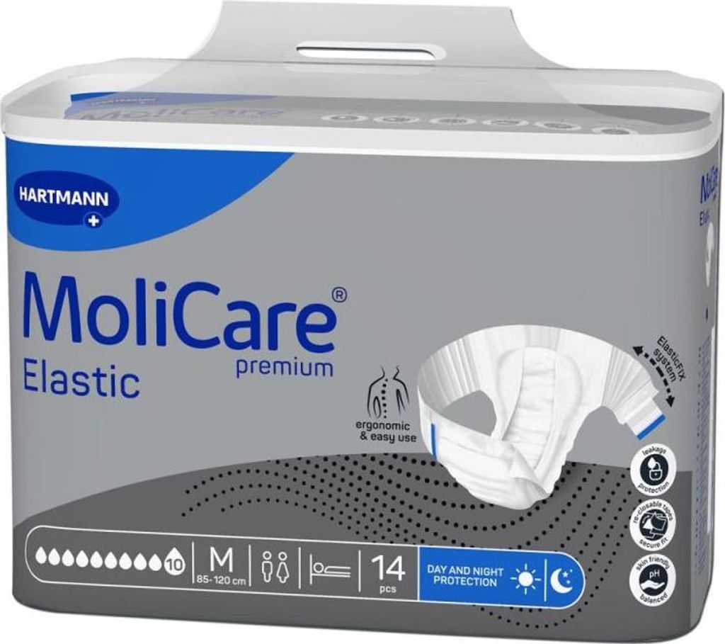 The image shows the packaging of MoliCare Premium Elastic incontinence products.