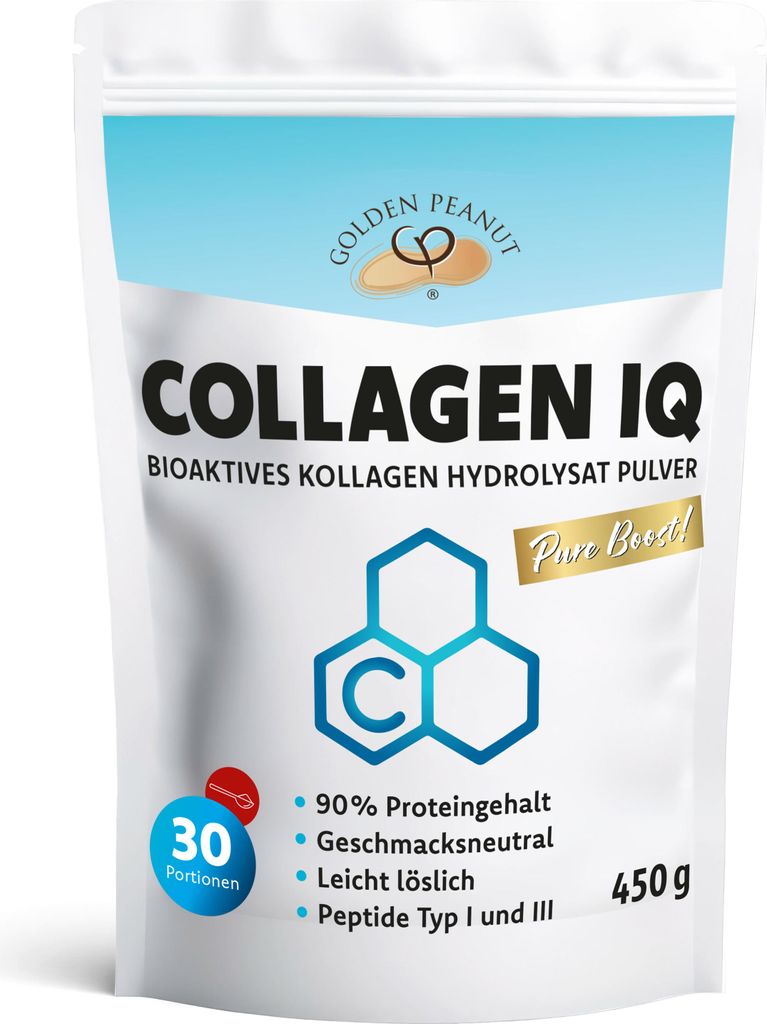 Collagen IQ von GOLDEN PEANUT 450 g Hydrolysat Peptide Pure Boost Proteinpulver bioaktiv staubfrei top löslich und geschmacksneutral