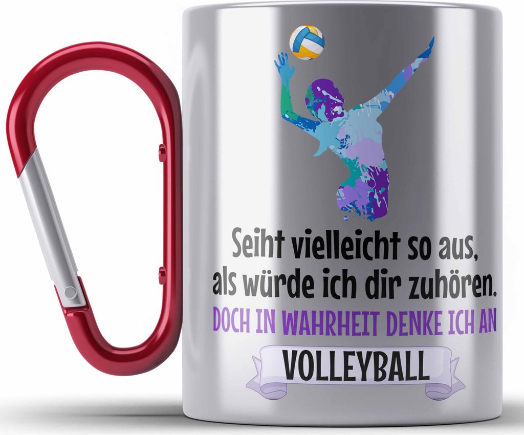 Trendation - Volleyball Geschenk Edelstahl Tasse Karabiner Coach Herren Mädchen Kaffee Zubehör Volleyball-Spieler Spielerin (Rot)