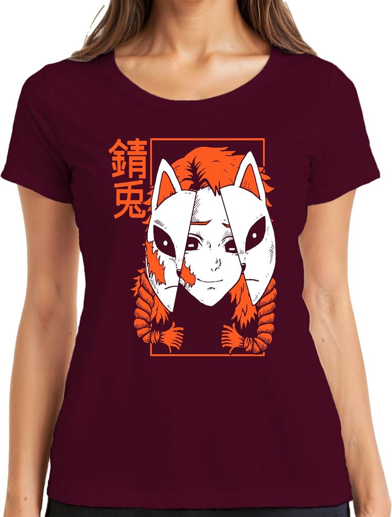 Kitsune Maske Anime Fuchsmasken Cosplay Otaku Geschenk düster Damen T-Shirt, Burgundy, S
