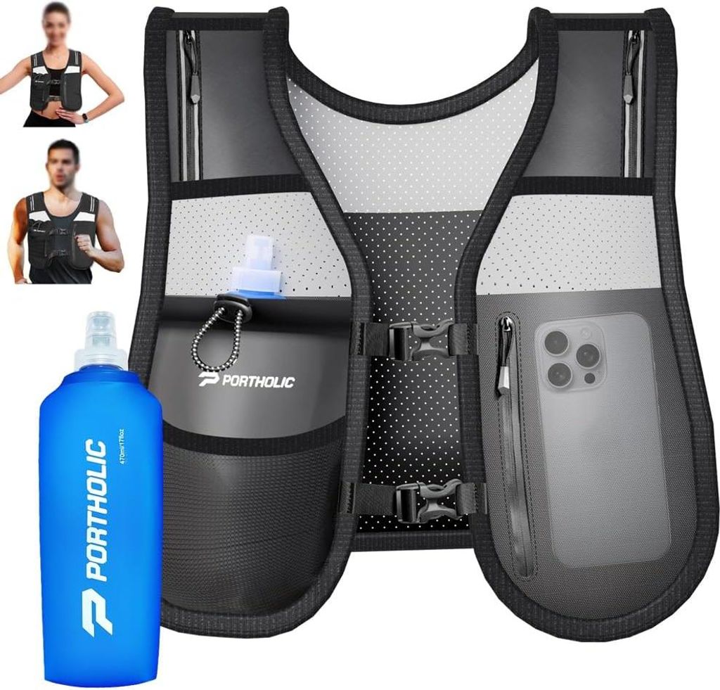 Laufweste mit 500ml Wasserflasche | Verstellbare Hydrationsweste für Männer und Frauen | Reflektierend, Leicht, Atmungsaktiv | 6 Taschen für Lau...