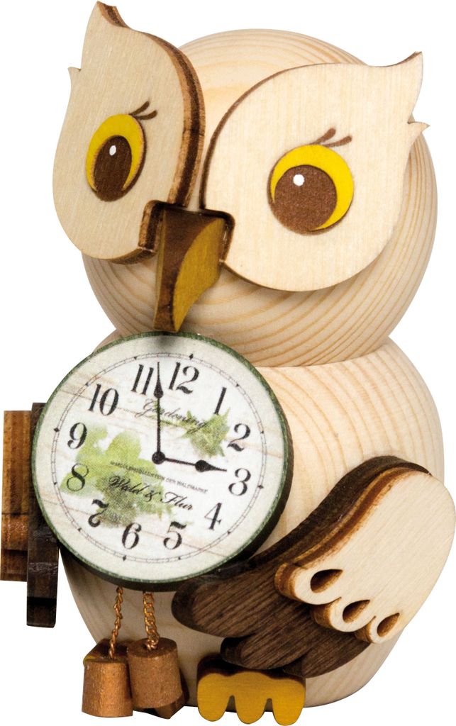 Drechslerei Kuhnert - Mini-Eulen aus Holz - mit Uhr - ca. 7 cm groß - als Dekoration oder Geschenk geeignet