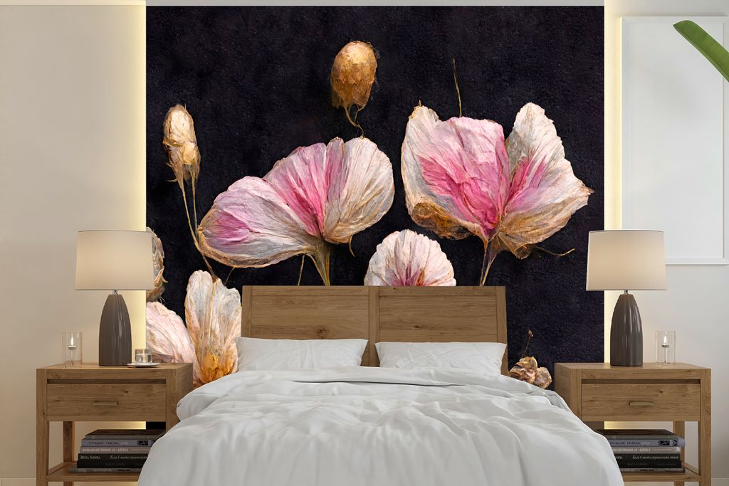 MuchoWow Fototapete für Wohnzimmer oder Schlafzimmer Wandtapete Vinyl Motivtapete Blumen - Pflanzen - Rosa - Schwarz - 300x300 cm - Wanddekoration