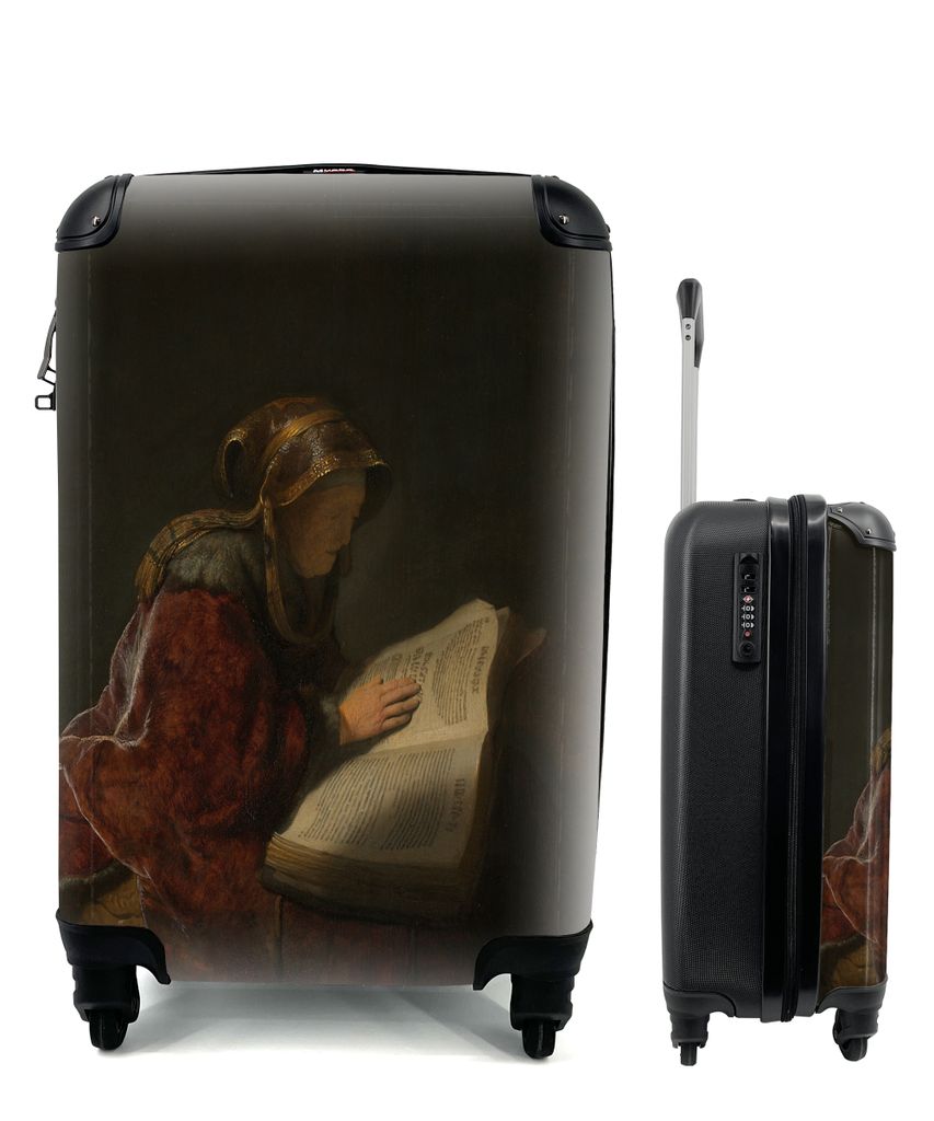 MuchoWow Koffer Handgepäck Trolley Rollkoffer Kleine Reisekoffer mit 4 Rollen - Alte Frau lesend, wahrscheinlich die Prophetin Hanna - Rembrandt...
