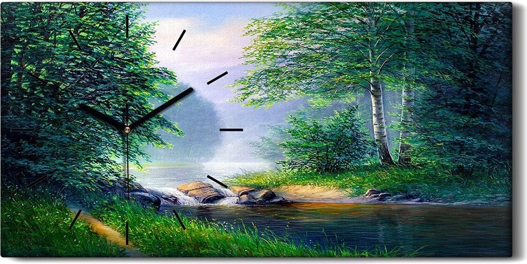 Dekor Leinwand Uhr Wandbilder 60x30 Malerei Wald Bäume Fluss Landschaft - schwarze Hände