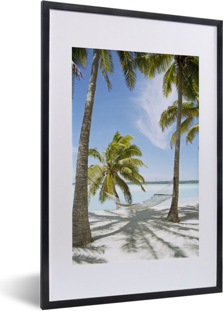 MuchoWow Gerahmtes Poster Palme - Hängematte - Sand 40x60 cm - Poster mit Schwarzem Bilderrahmen Wandposter Rahmen Foto Bilder - Poster in Rahmen