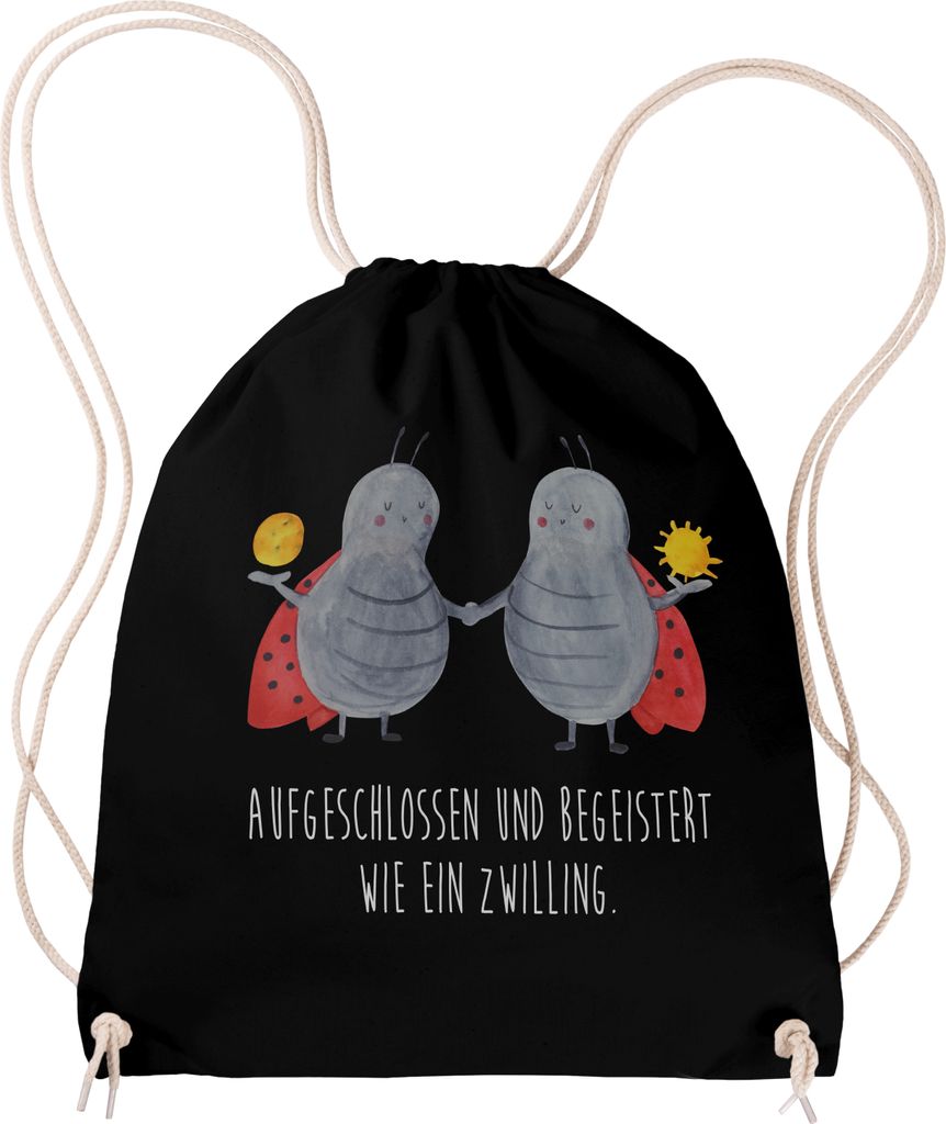 Mr. & Mrs. Panda Baumwollbeutel Sternzeichen Zwilling - Schwarz - Geschenk, Drawstring Bag, Zwillinge, gymnastiktasche, Marienkäfer, Zwillingsschw...