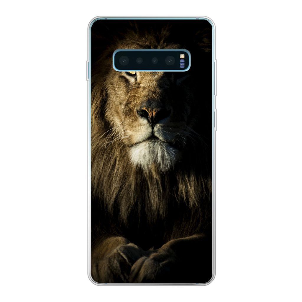 MuchoWow Handyhülle Schutzhülle Hülle für Samsung Galaxy S10 Plus Löwe - Licht - Schwarz Silikon Softcase Handy Hülle - Schutzhülle