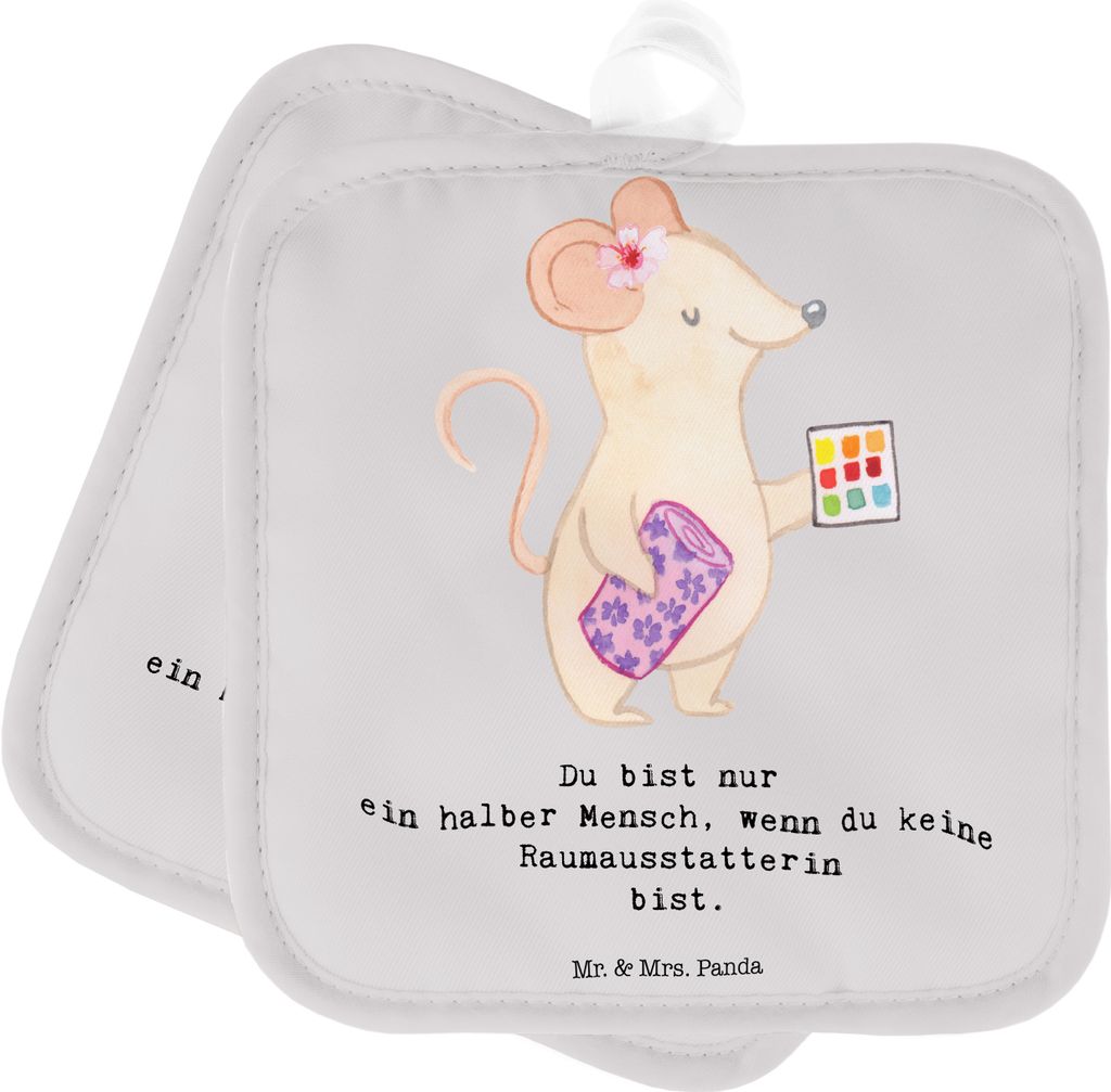 Mr. & Mrs. Panda topfhalter Raumausstatterin Herz - Grau Pastell - Geschenk, Schenken, Topflappen 2er Set, Ofenlappen, Topfuntersetzer, Doppel