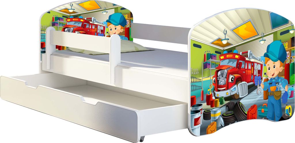 ACMA Jugendbett Kinderbett Junior-Bett Komplett-Set mit Matratze Lattenrost und Rausfallschutz Weiß 45 Mechaniker 160x80 + Bettkasten