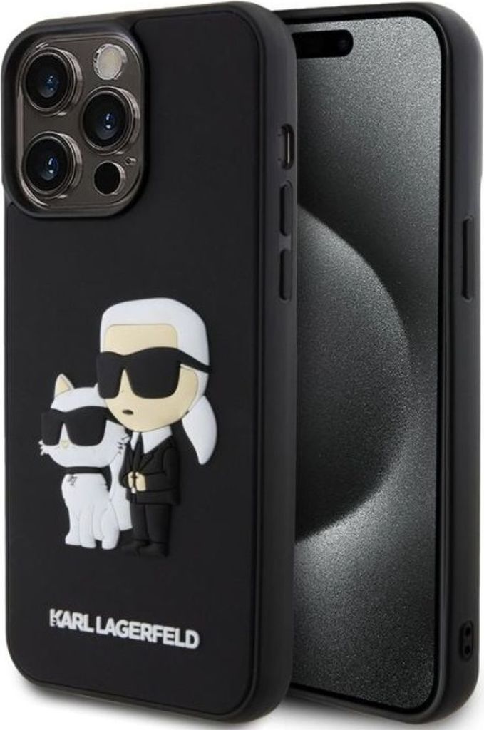A black iPhone 15 Pro Max case with a 3D Karl Lagerfeld and Choupette design is shown.