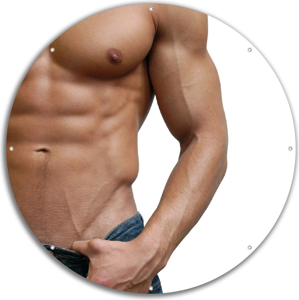 Wallario rundes Outdoor-Poster für Garten oder Balkon, Motiv Halbnackter Mann mit Jeans, 60 cm Durchmesser