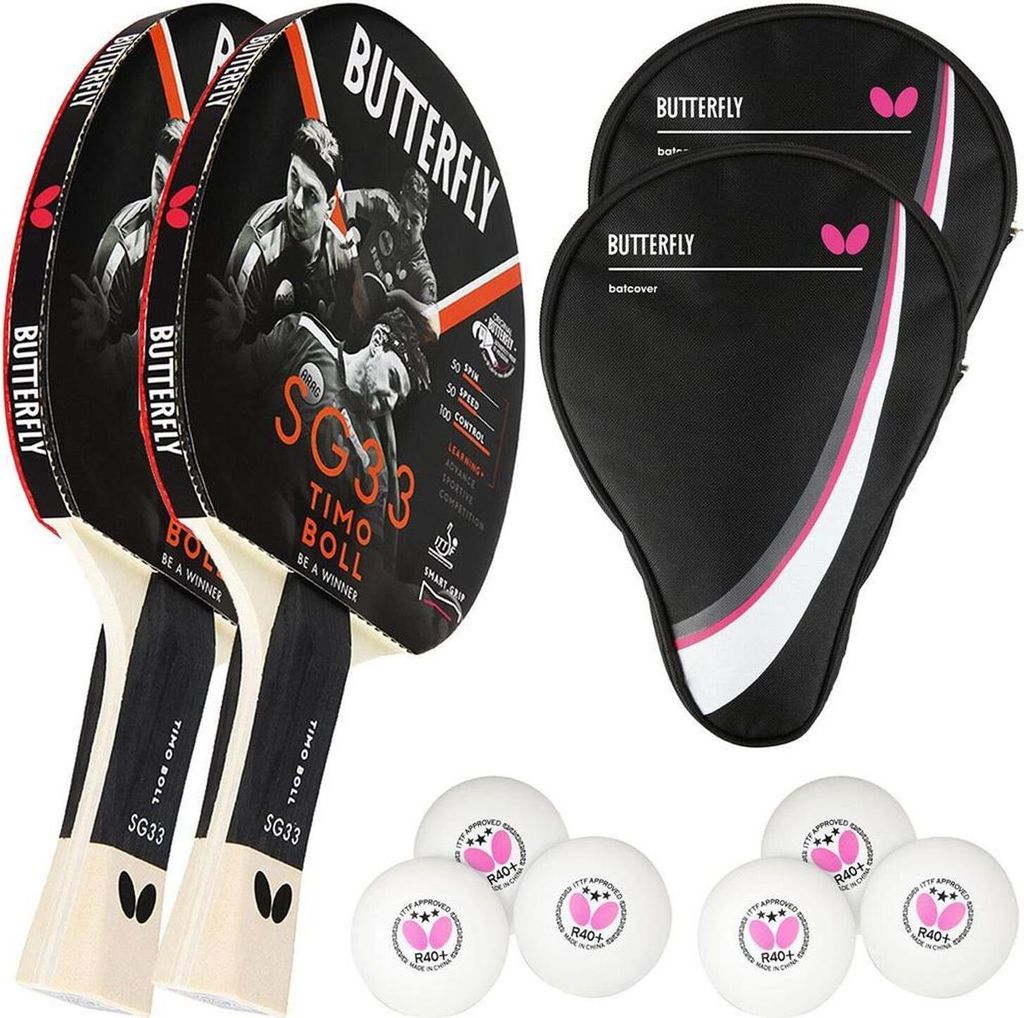 Butterfly 2x Timo Boll SG33 Tischtennisschläger + 2x Tischtennishülle Drive Case + 6x 40+ 3*** Tischtennisbälle