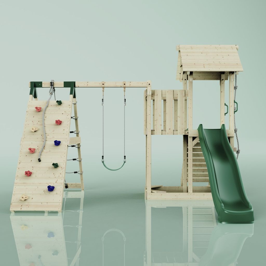OutdoorToysOutdoor Spielturm mit Wellenrutsche, Klettergerüst mit Kletterturm, Kletterwand und Klettwernetz, Ausführung: Kinderschaukel, Farbe: S...