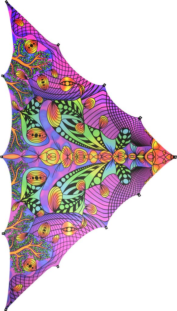 PSYWORK Schwarzlicht Segel Elasthan Dreieck XL Lemon Tree Wonderland Violet, 3,25x6,50m UV-aktiv Partydeko