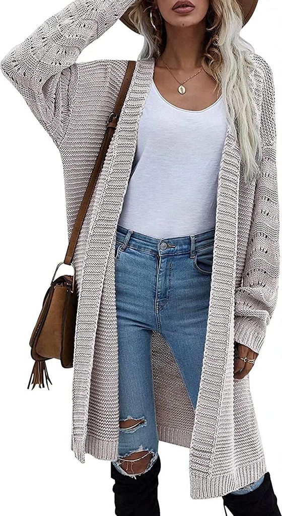 ASKSA Damen Strickmantel Lang Fledermausärmel strickcardigan Pullover Outwear, Hellgrau, XL