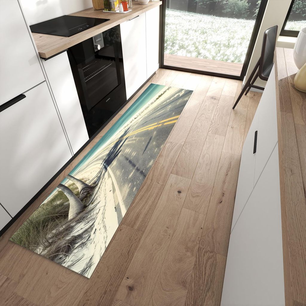 Küchenteppich 60x240cm rutschfest & abwischbar PVC Läufer - Strandstraße Palmen