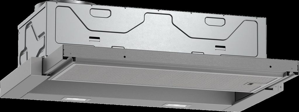 A close-up, studio shot of a stainless steel range hood, viewed from a slightly low angle.