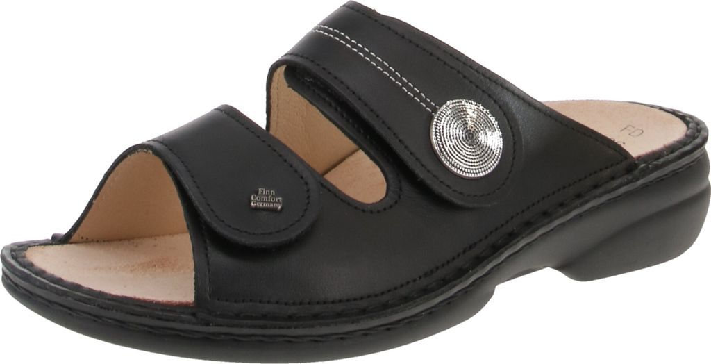 A black Finn Comfort sandal is shown from a side-angle on a white background.