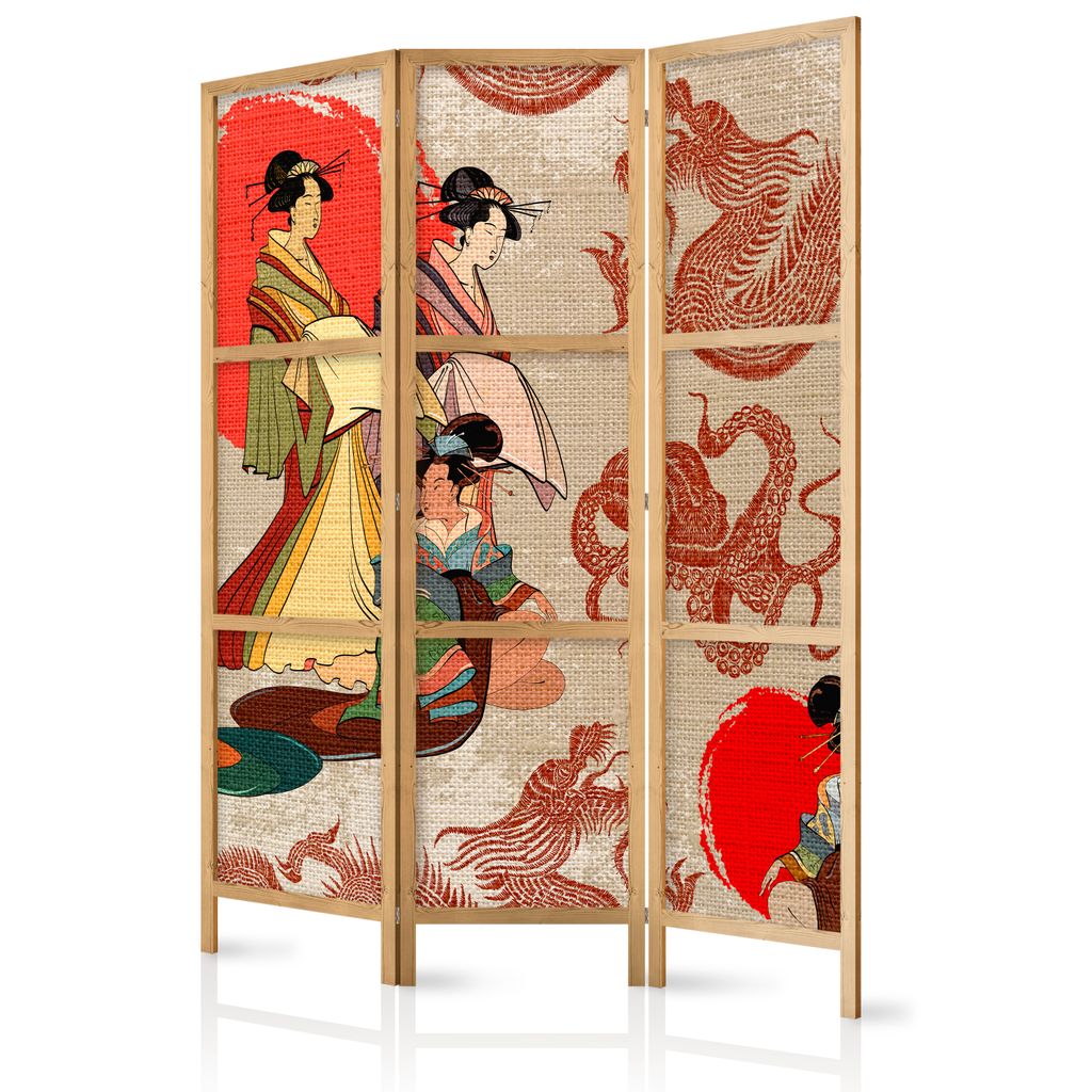 A three-panel folding screen with Japanese-inspired artwork.