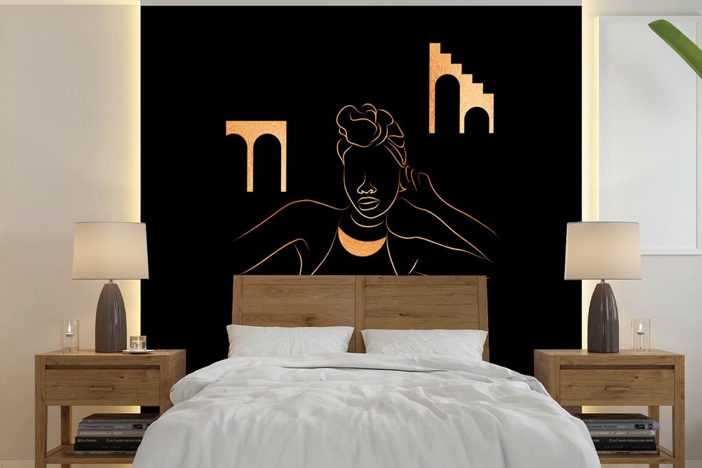 MuchoWow Fototapete für Wohnzimmer oder Schlafzimmer Wandtapete Vinyl Motivtapete Frau - Gold - Schwarz - Strichzeichnung - 260x260 cm - Papiert...