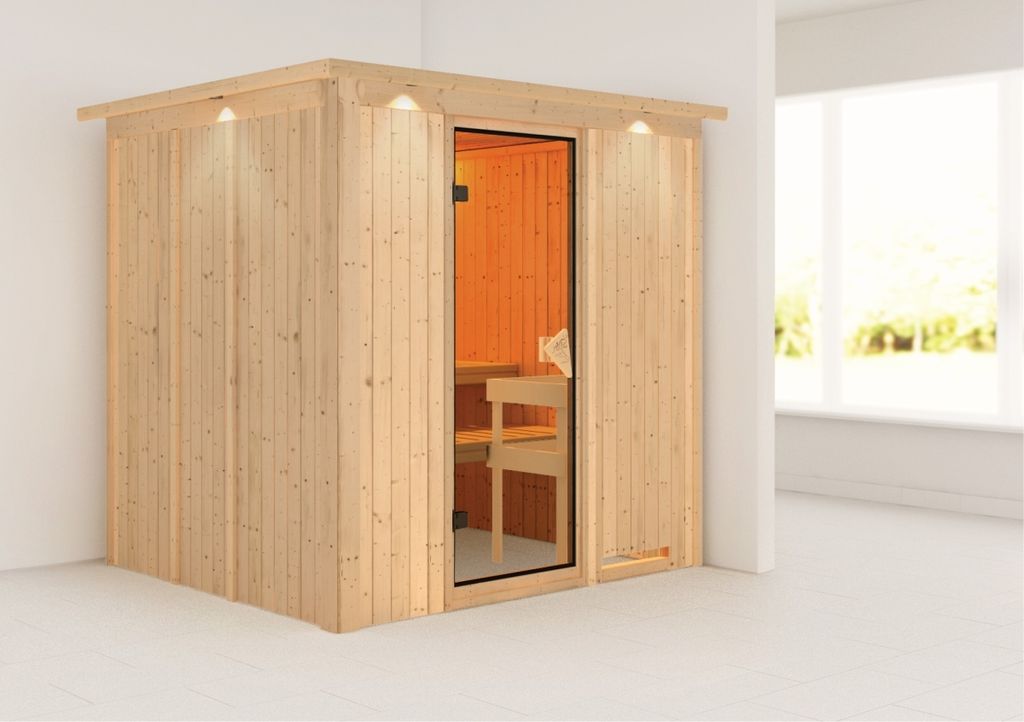 Karibu Sauna Innensauna Sodin Fronteinstieg ohne Zubehör 210x184x202 cm mit Dachkranz mit Bronzierte Tür