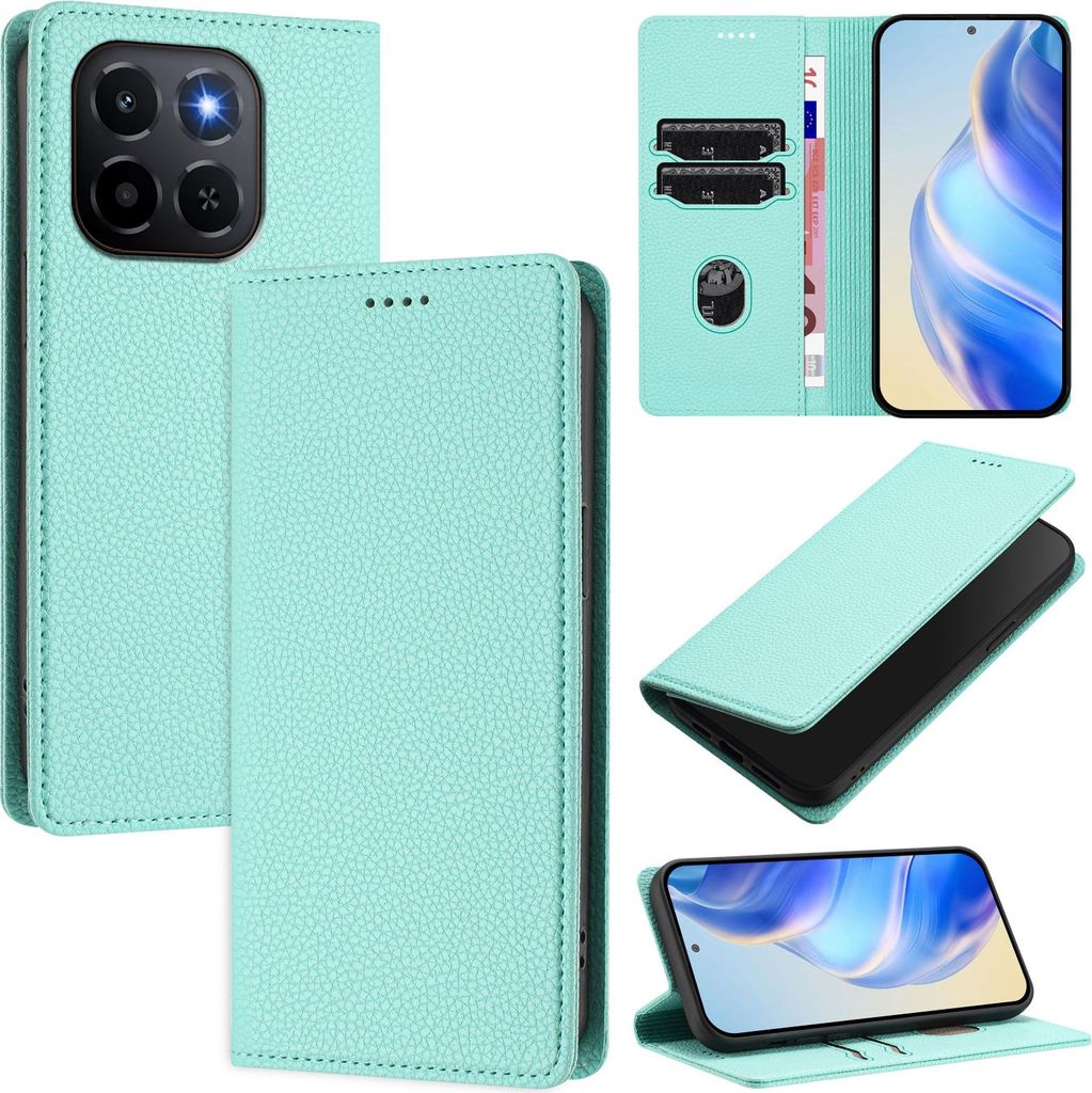 Litchi Leder Handyhülle für Honor X6C Wallet Kartenfächer Standfunktion Hülle Türkis