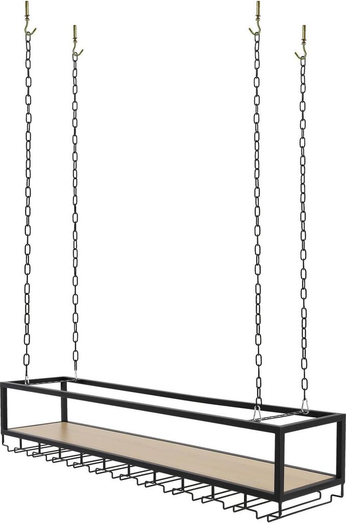 Weinregal mit Glashalter - Deckenmontage Hängeregal - Vier Aufhängungsketten - Maße 110 x 25 x 22 cm - Tragkraft 75 kg - Schwarz