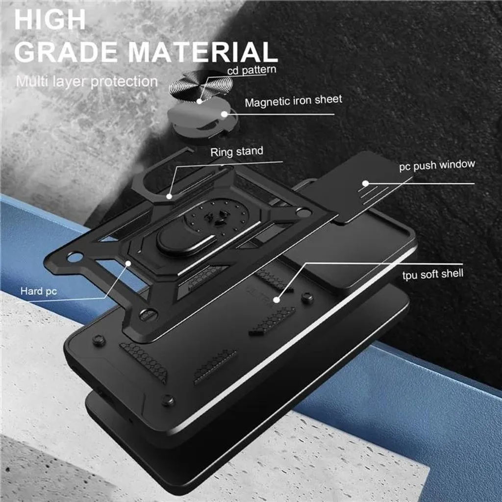 LXHGrowH - Cover per OPPO Reno 13F (4G / 5G) / OPPO Reno 13 FS 5G, Custodia Antiurto Protettivo di Militare Grade, con Scorrevole Protezione Fotocamera e [360°] Magnetica Supporto, Nero
