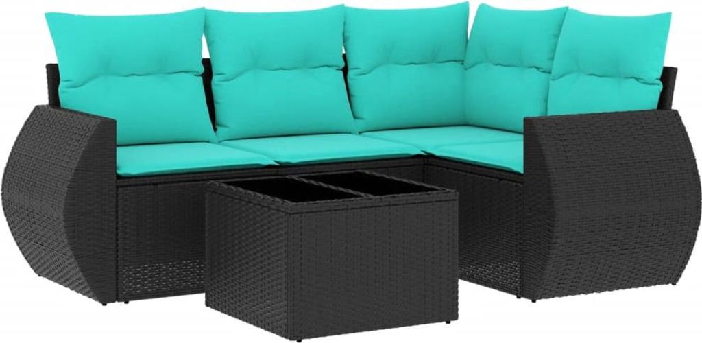 5-teiliges Gartensofa-Set mit Kissen, schwarzes Polyrattan