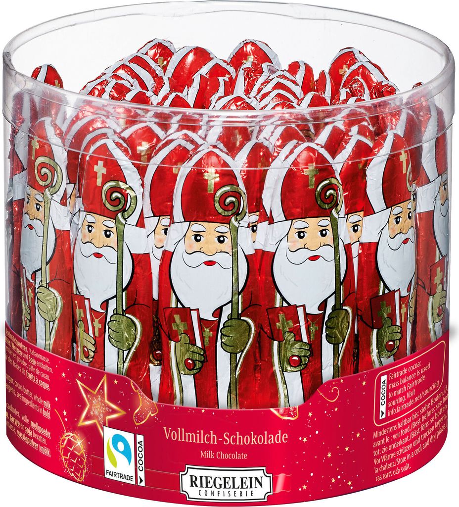 A clear, well-lit studio shot of a clear plastic container filled with individually wrapped chocolate figures.