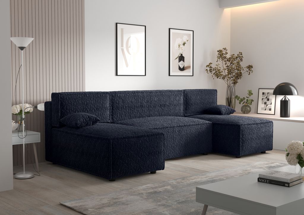 Ecksofa Alvito U, Farbe: Dunkelblau. Material: Bouclé. A: B: 290 cm,H: 85 cm,Tiefe: 105 cm, Eckcouch, Schlafcouch, Sofa bed, Schlafsofa