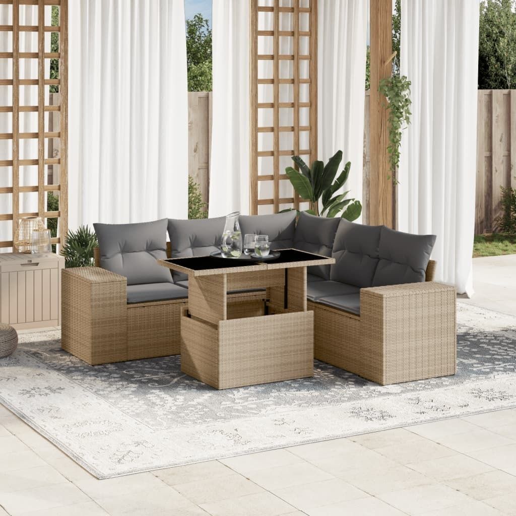 Möbel 6-tlg. Garten-Sofagarnitur mit Kissen Beige Poly Rattan - Sitzgruppe 3269159