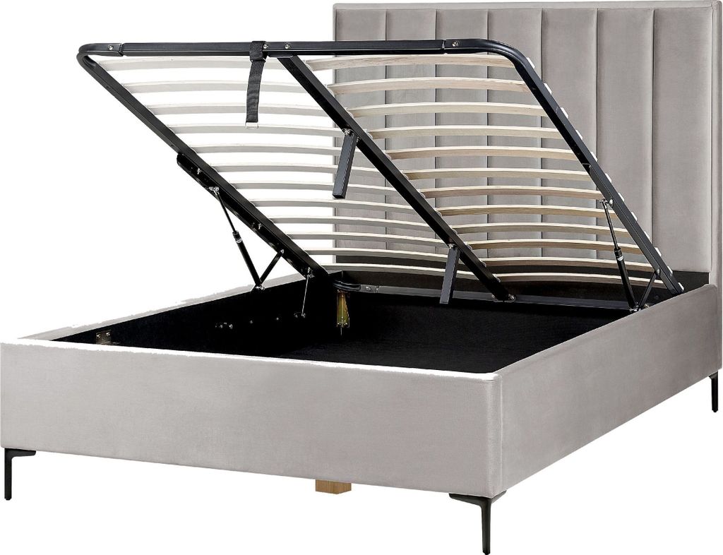 BELIANI Polsterbett Hellgrau Samtstoff Gesteppt mit Hohem Kopfteil Bettkasten Lattenrost 140x200 cm Hochklappbar für Schlafzimmer Doppelbett Ehebett