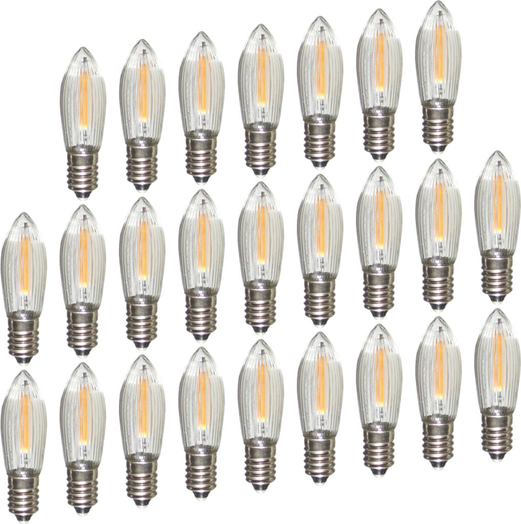 A collection of LED filament light bulbs arranged in rows against a white background.