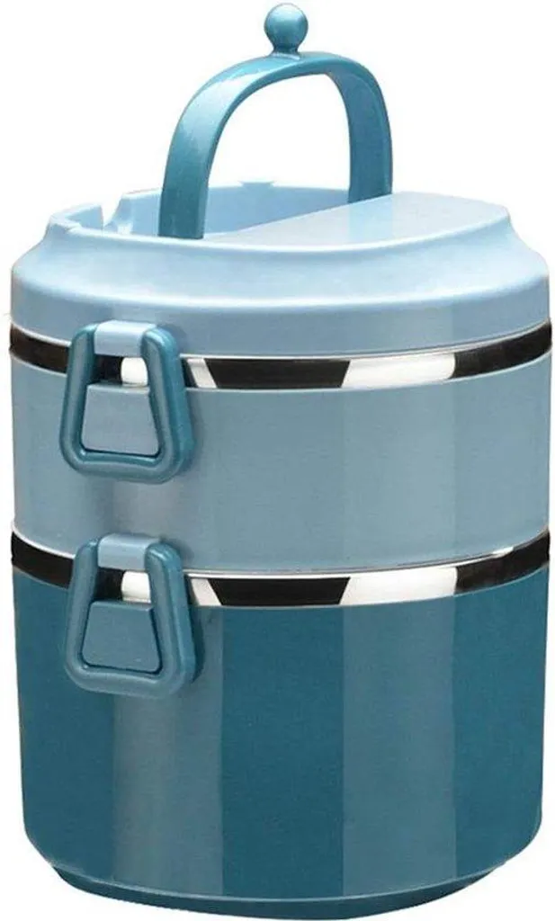 Boîte à bento inox bleu 2 étages avec poignée : fini les fuites dans le sac