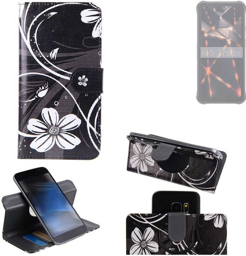 K-S-Trade Schutzhülle Handyhülle kompatibel mit Cubot KingKong Power Hülle 360° Wallet Case “Flowers“ Klapphülle Hülle schwarz-weiß 1x