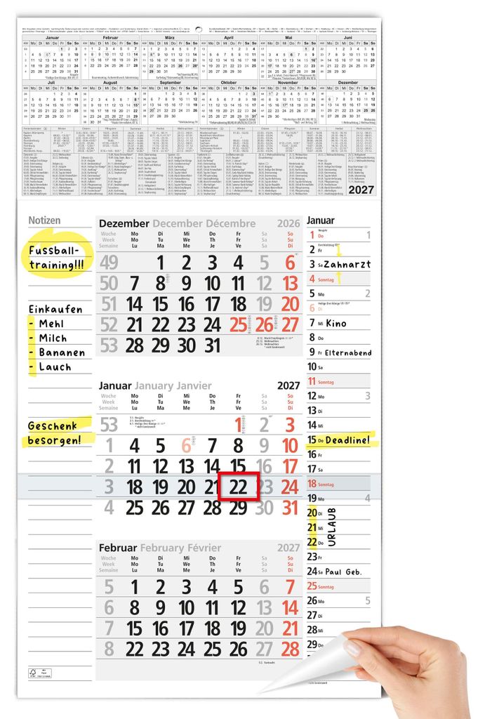 3 Monatskalender 2027 Wandkalender mit Notizfeld Tagesliste Produktbild 