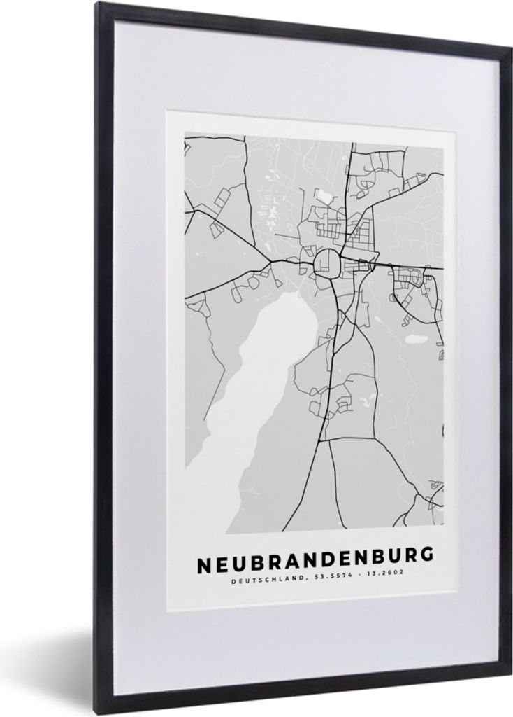 MuchoWow Gerahmtes Poster Karte - Deutschland - Neubrandenburg - Stadtplan 40x60 cm - Poster mit Schwarzem Bilderrahmen Wandposter Rahmen Foto Bi...