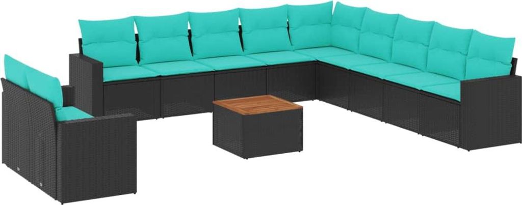 vidaXL 12-tlg. Garten-Sofagarnitur mit Kissen Schwarz Poly Rattan