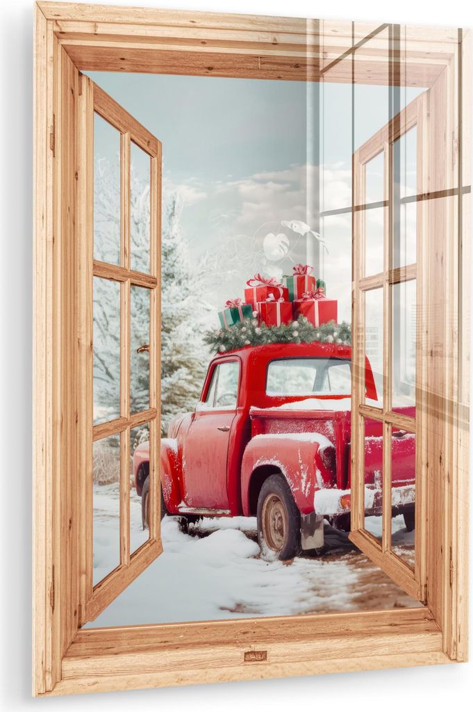 MuchoWow Glasbilder - Bilder auf Wandbild - Foto auf Glas Durchsichtig - Auto - Weihnachten - Geschenke - Winter - Landschaft 30x40 cm Wanddekorati...