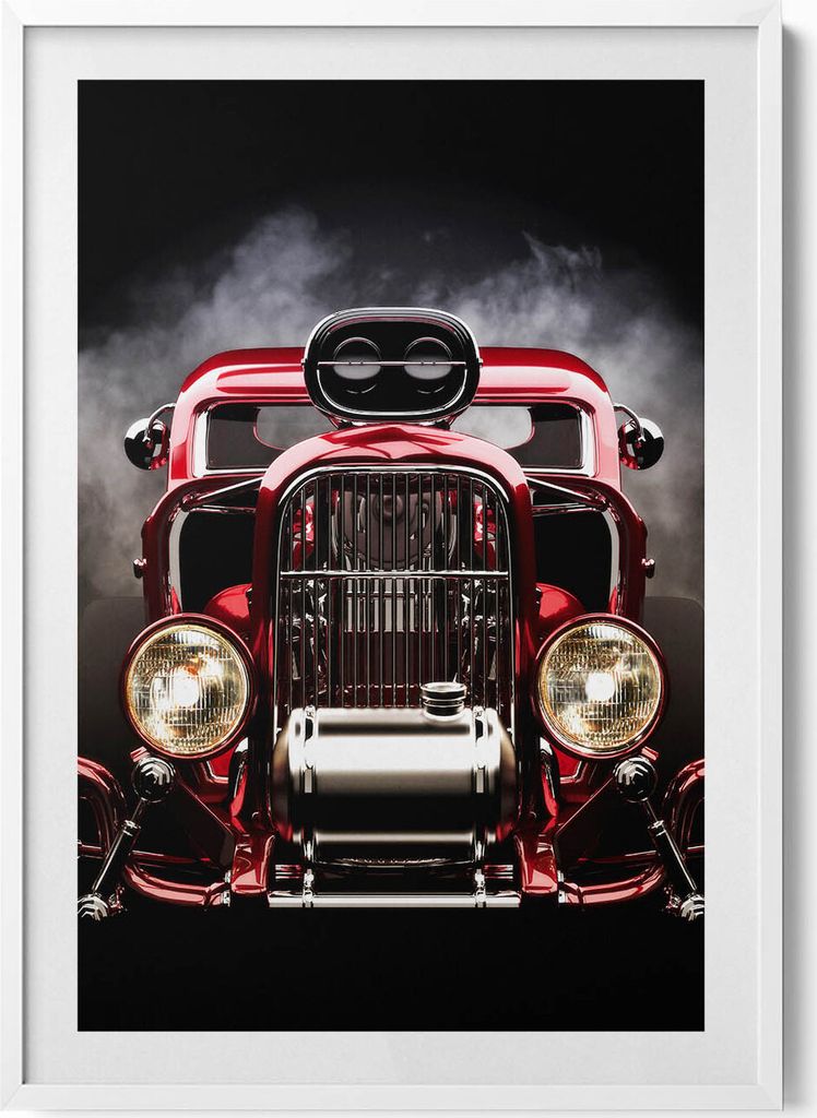 Alter Oldtimer– Wandbild mit Rahmen – Gerahmtes Bild – Wanddekoration – 70x100 cm – Weiß Rahmen