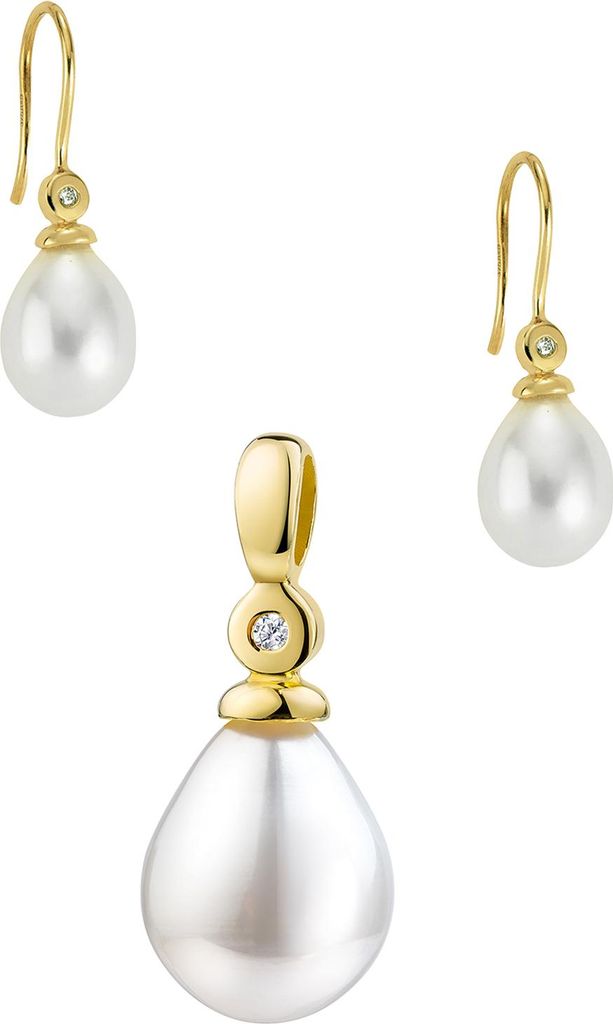 Perlen Schmuckset Goldanhänger + Ohrhänger 750 Gold + Brillant