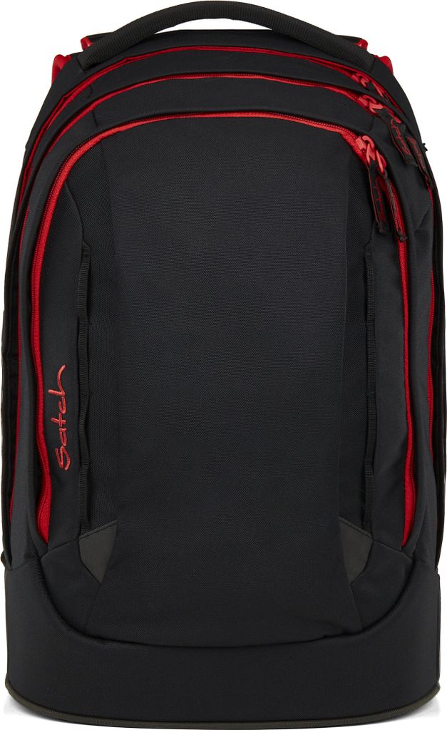 A black backpack with red trim and red zipper accents, shown from the front.