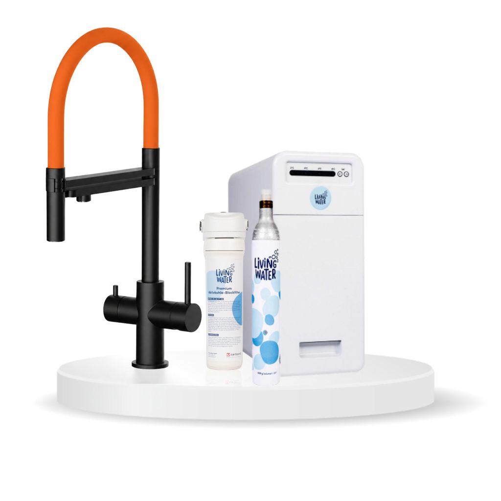 Living Water Sprudel-Wasserhahn, Untertisch-Trinkwassersystem mit 5-Wege-Edelstahlarmatur, Brause-Auslauf in PVD-schwarz und orangefarbenem Schlauch